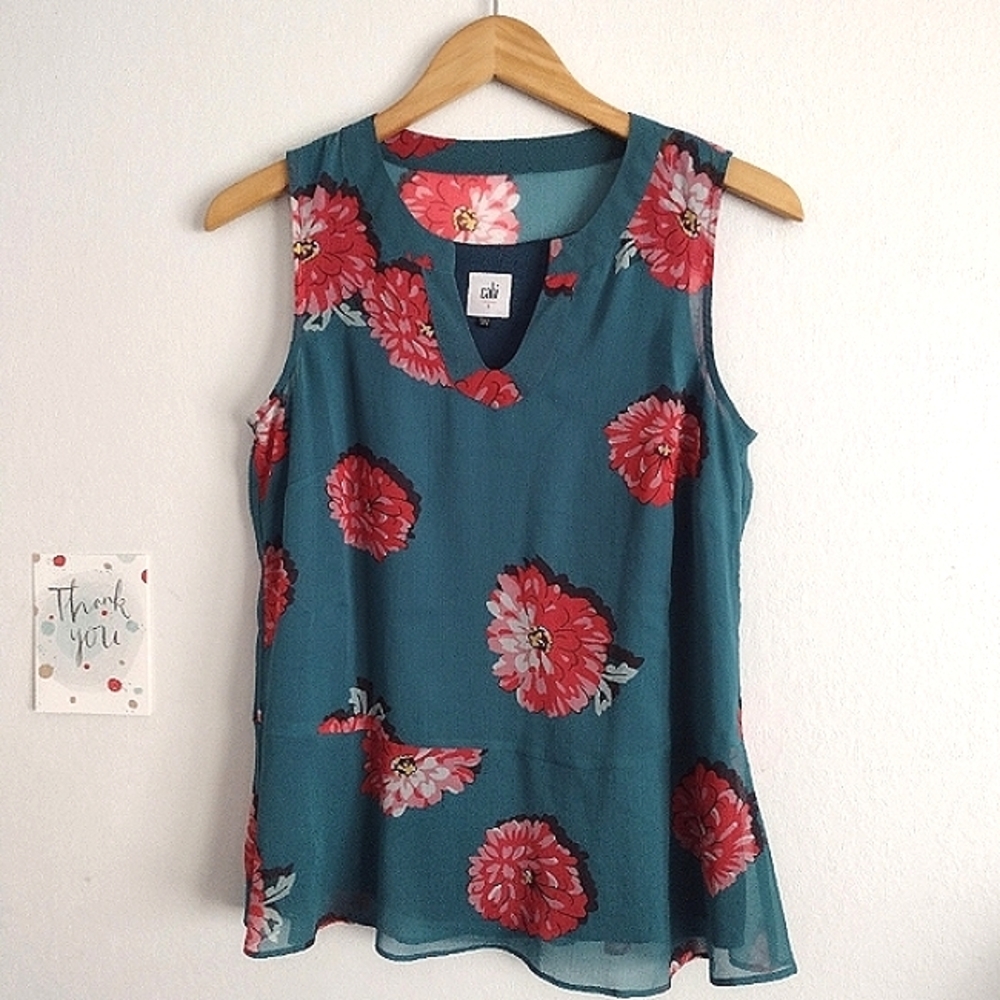 cabi short sleeve floral print top in bluegreen small